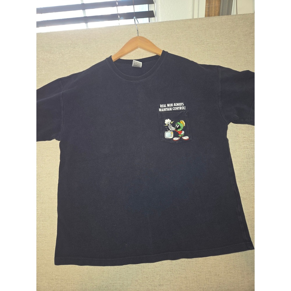 Vintage Warner Bros Marvin the Martian Pocket T-Shirt Black Size L Faded Graphic